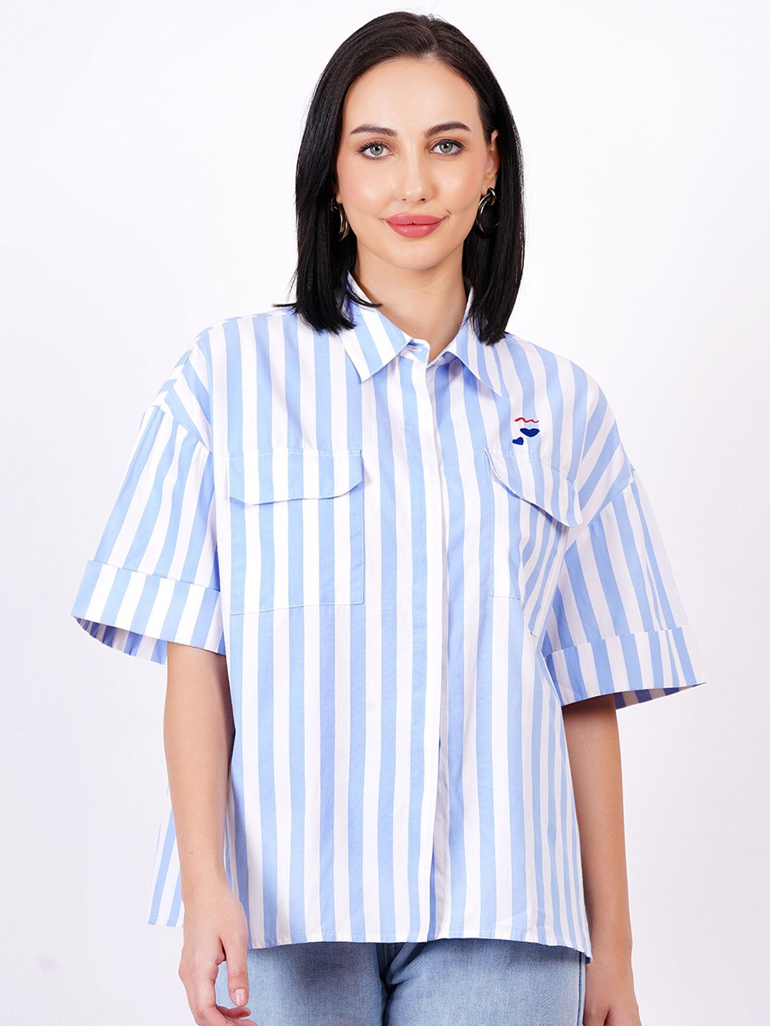 

MINGLAY Women Relaxed Sheer Striped Casual Shirt, White