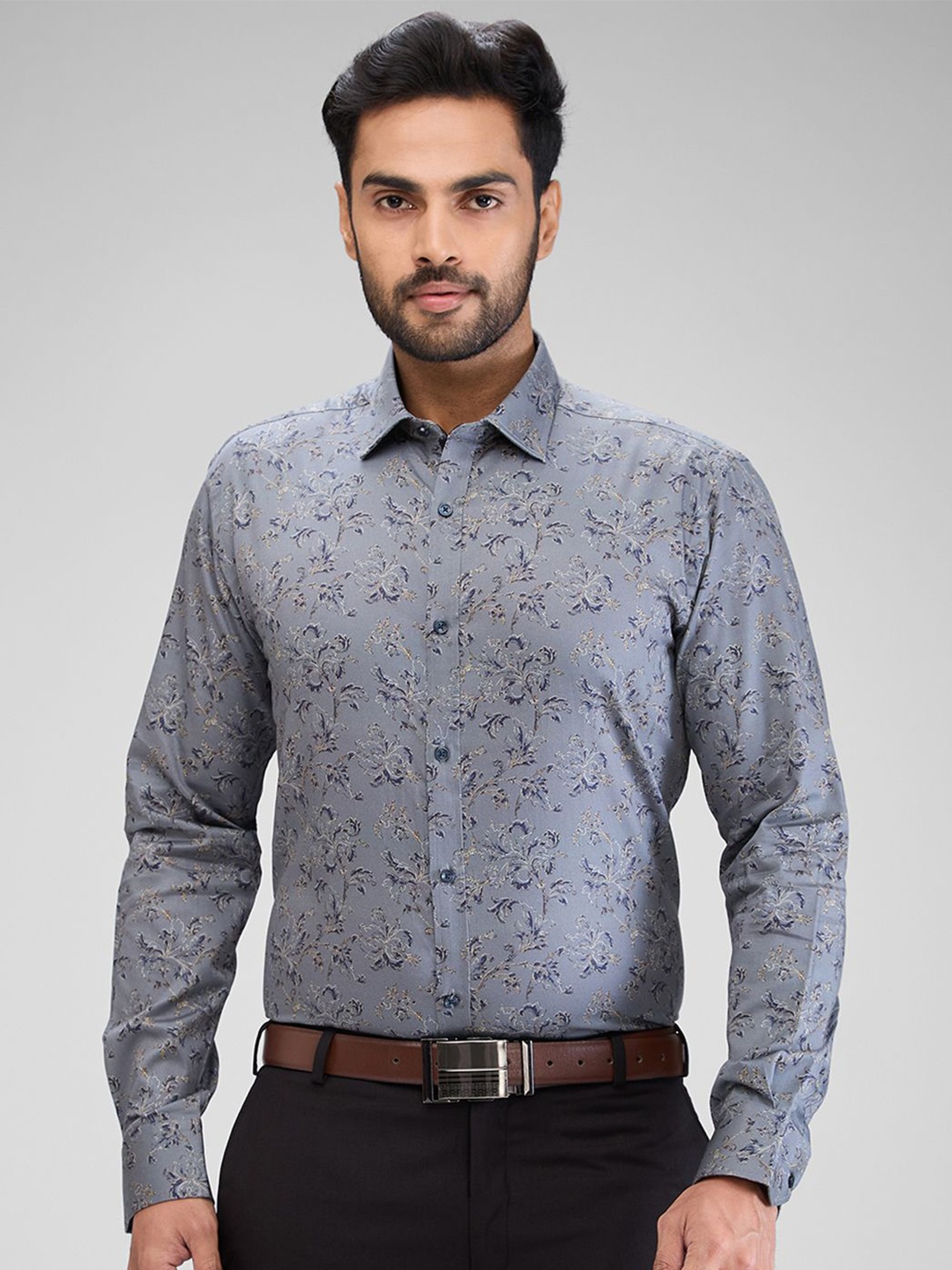 Park Avenue Men Slim Fit Floral Opaque Printed Formal Shirt, Grey