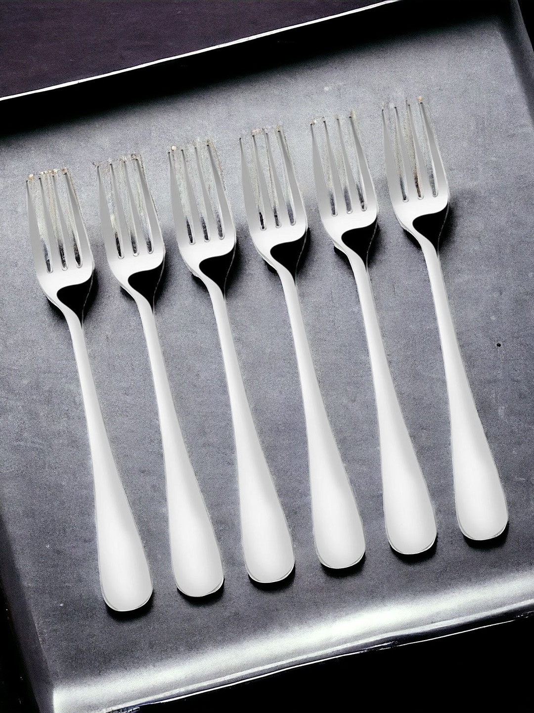 FNS Sliver Toned 6 Pieces Stainless Steel Round Handle Dinner Fork, Silver