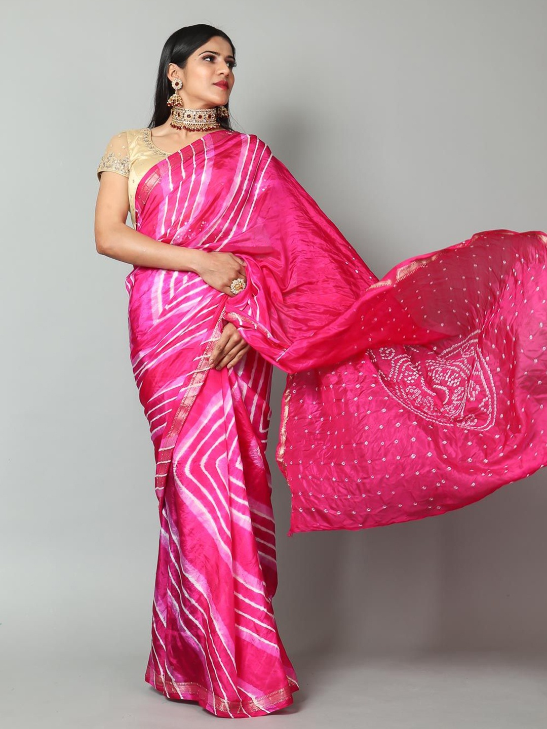 

Kishori Sarees Leheriya Zari Pure Silk Leheriya Saree, Pink