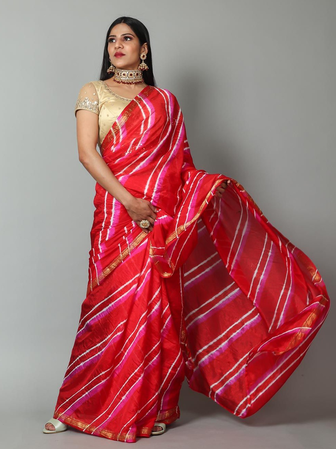 

Kishori Sarees Zari Pure Silk Leheriya Saree, Red