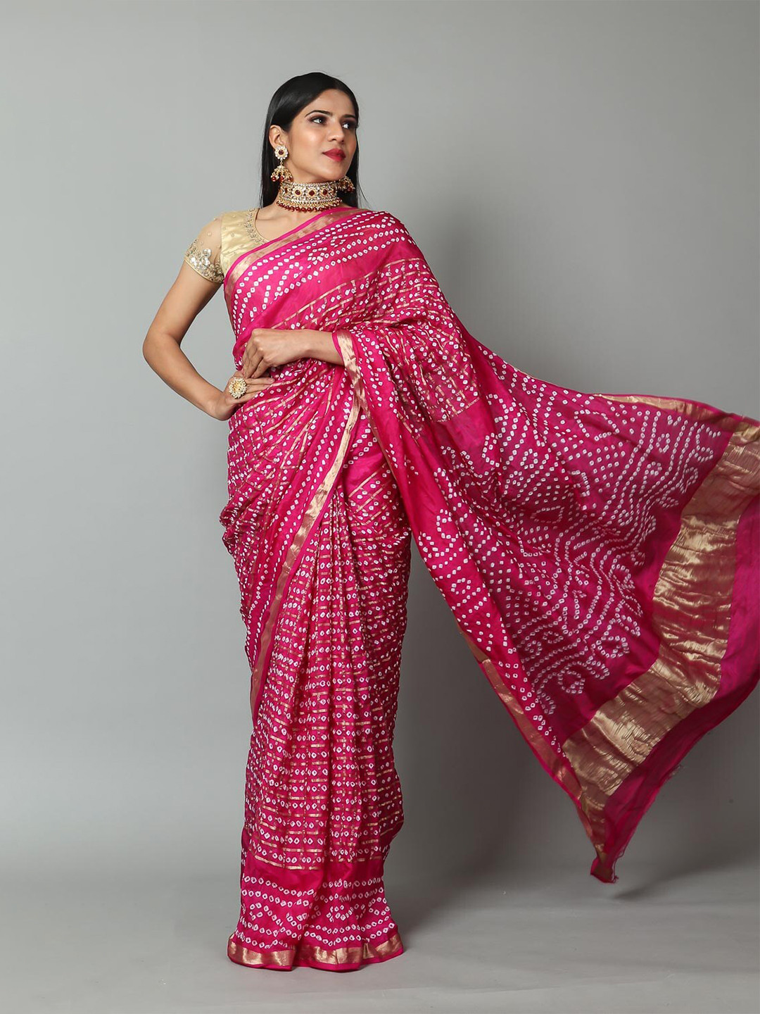

Kishori Sarees Bandhani Zari Pure Silk Bandhani Saree, Pink