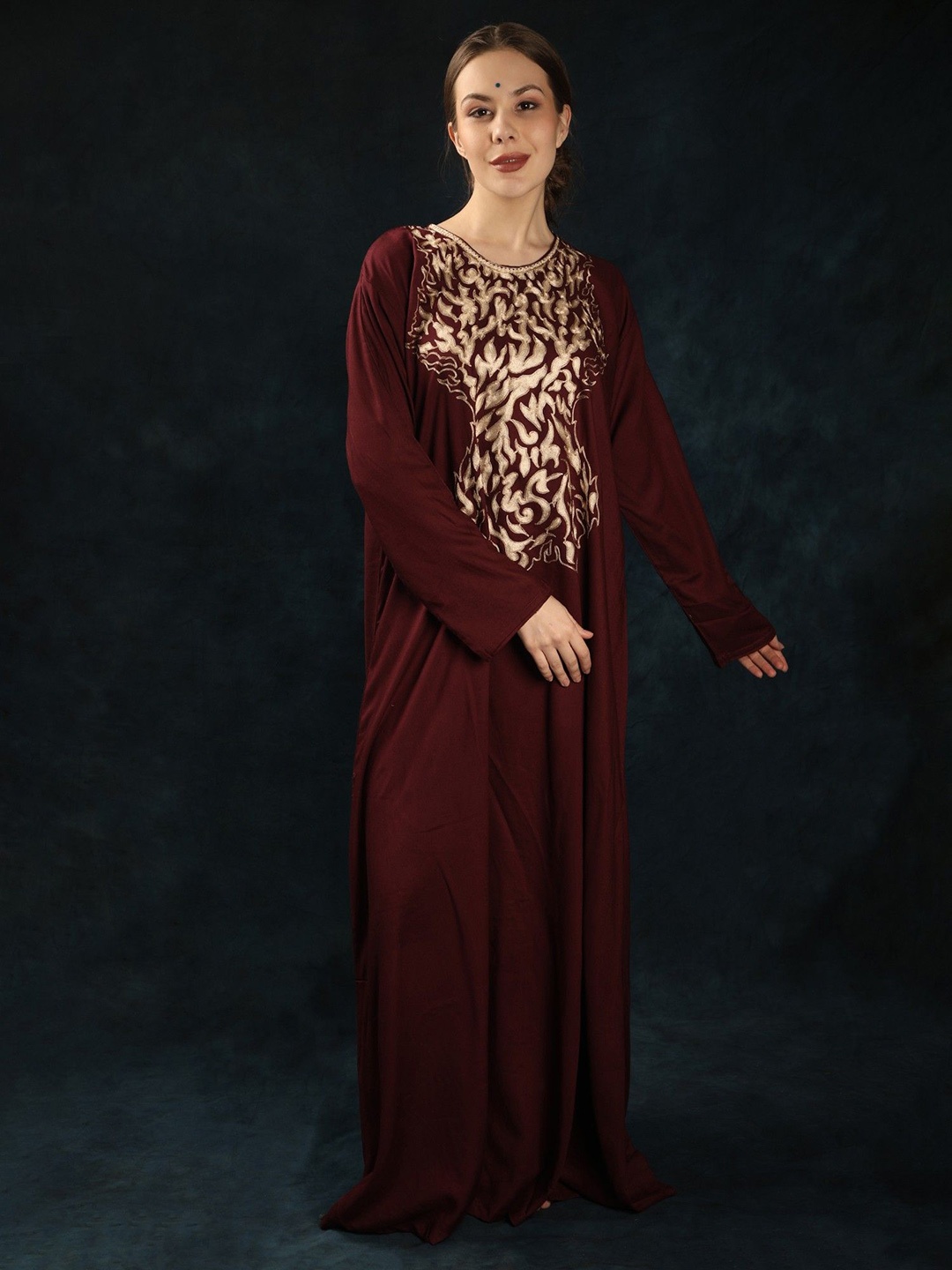 

Exotic India New Maroon Cotton Kashmiri Long Phiran with Aari Embroidery on Neck
