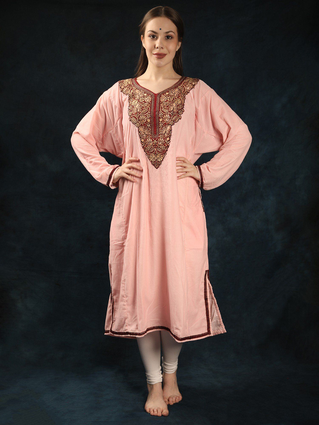 

Exotic India Embroidered Velvet A-Line Kurta, Pink