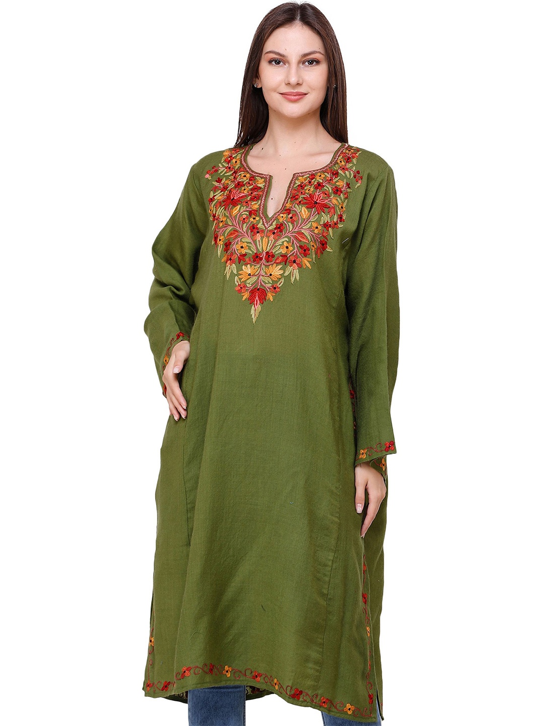 

Exotic India Aari Hand-Embroidered English Ivy Wool Kashmiri Phiran, Green