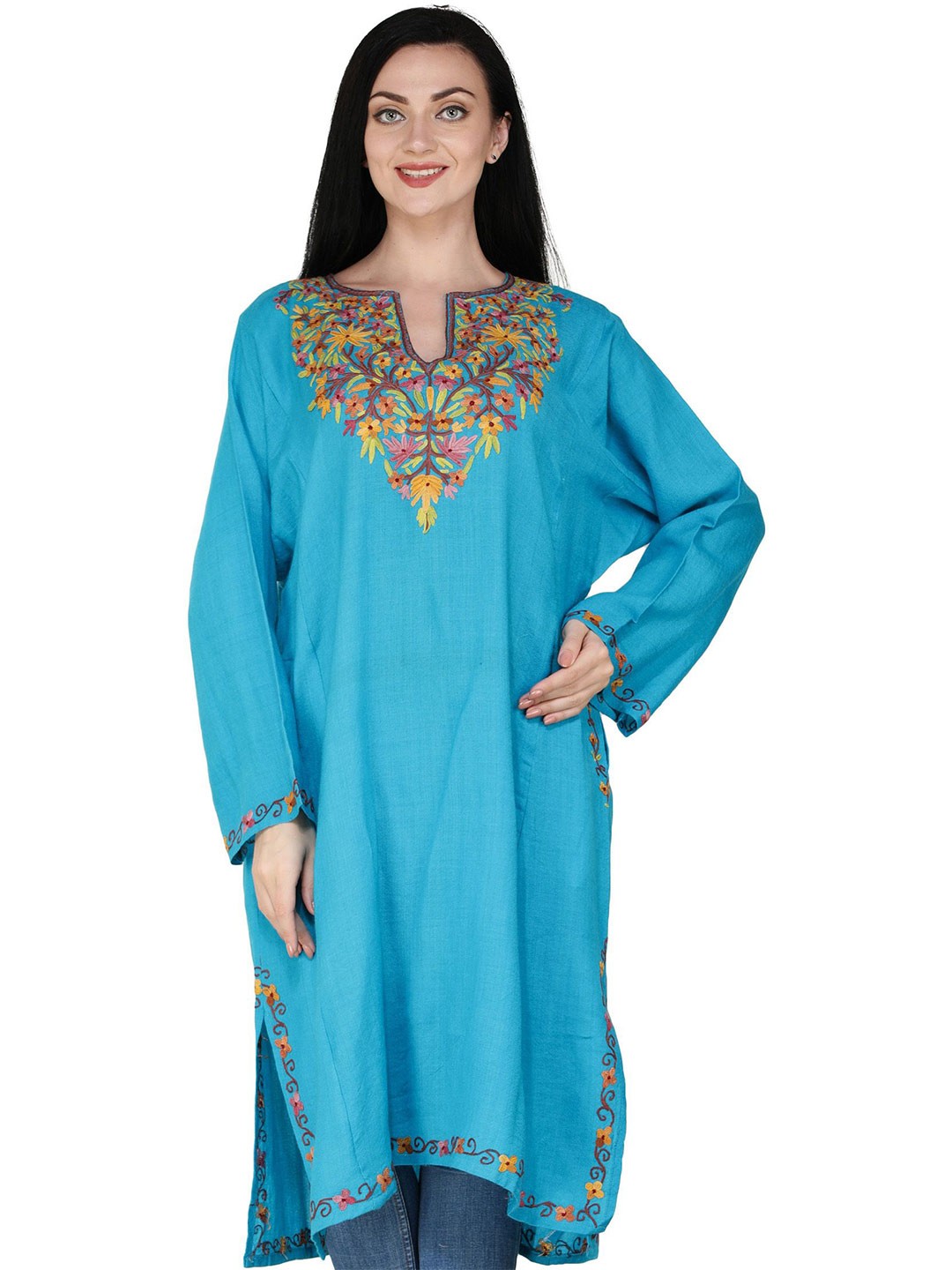 

Exotic India Aari Hand-Embroidered Denube Wool Kashmiri Phiran, Blue