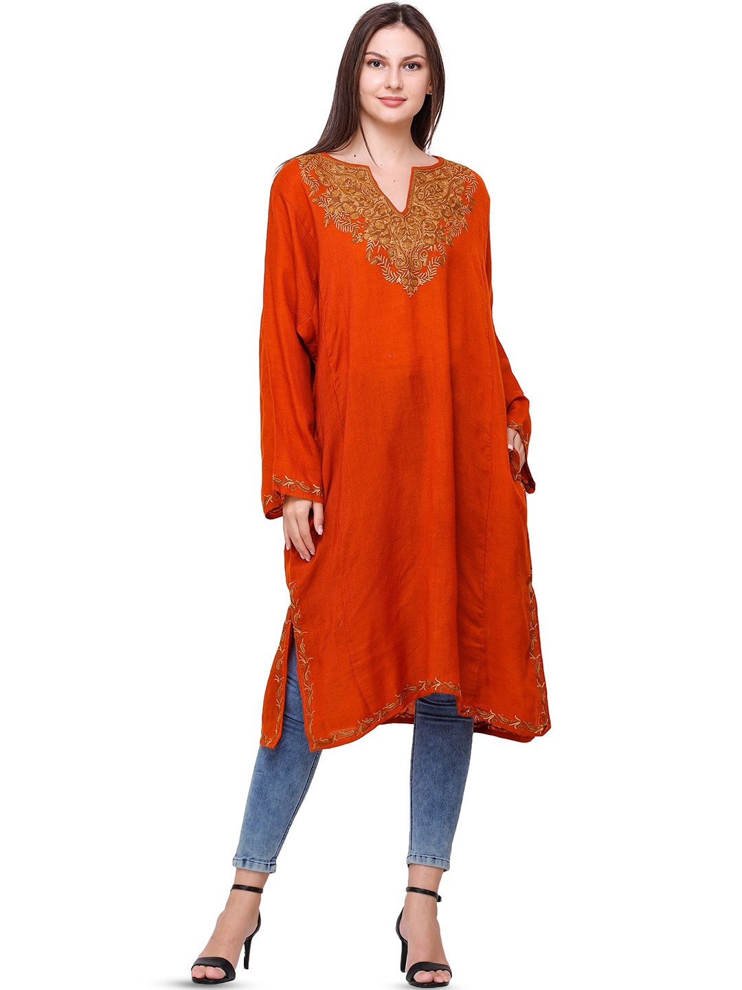 

Exotic India Arabesque Pure Wool Kashmiri Phiran with Floral Embroidery on Neck, Orange