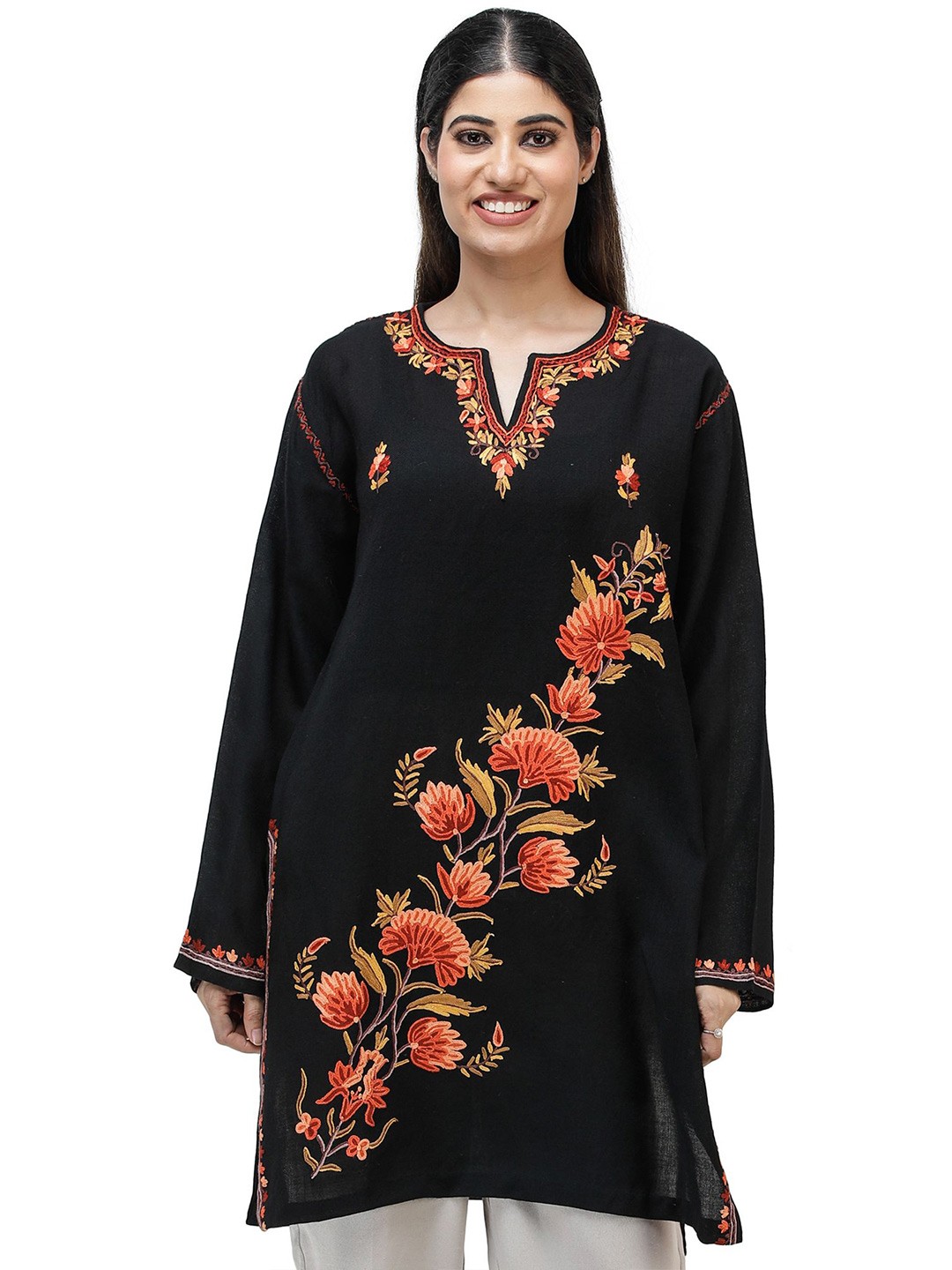 

Exotic India Kashmiri Jet Black Short Phiran with Hand-Embroidered Flowers
