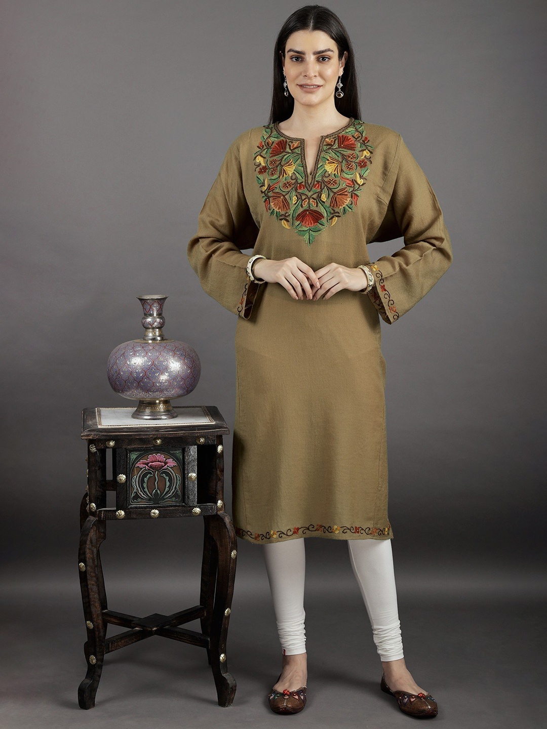 

Exotic India Notched Neck Long Flared Sleeves Floral Embroidered Straight Kurta, Olive