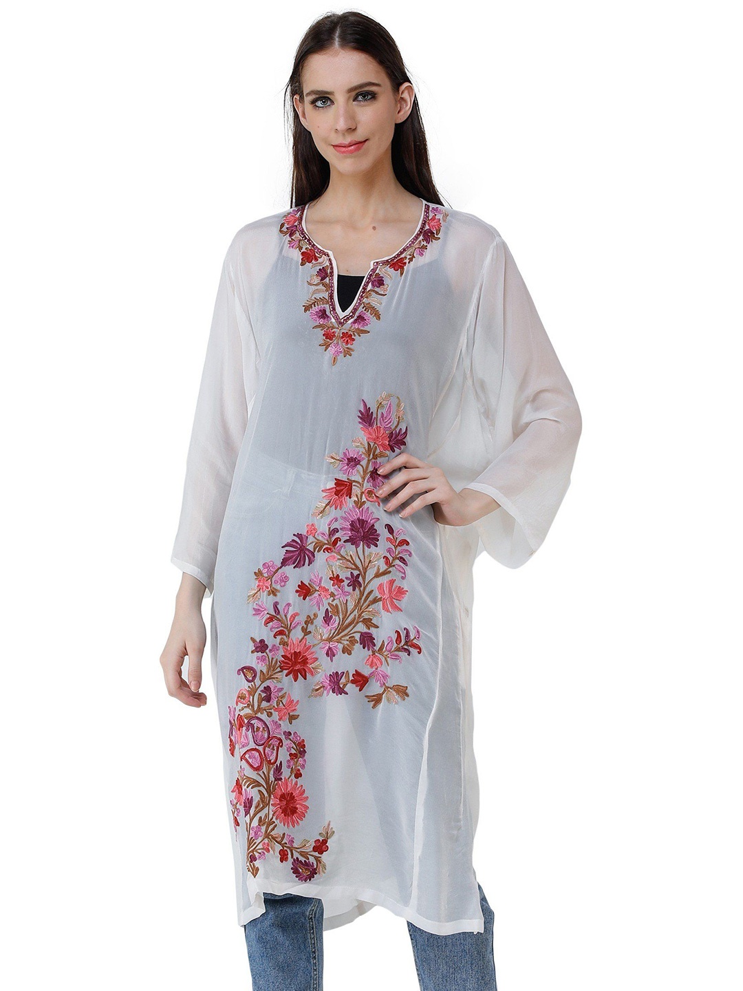 

Exotic India Women Ethnic Motifs Embroidered Aari Work Kurta, White
