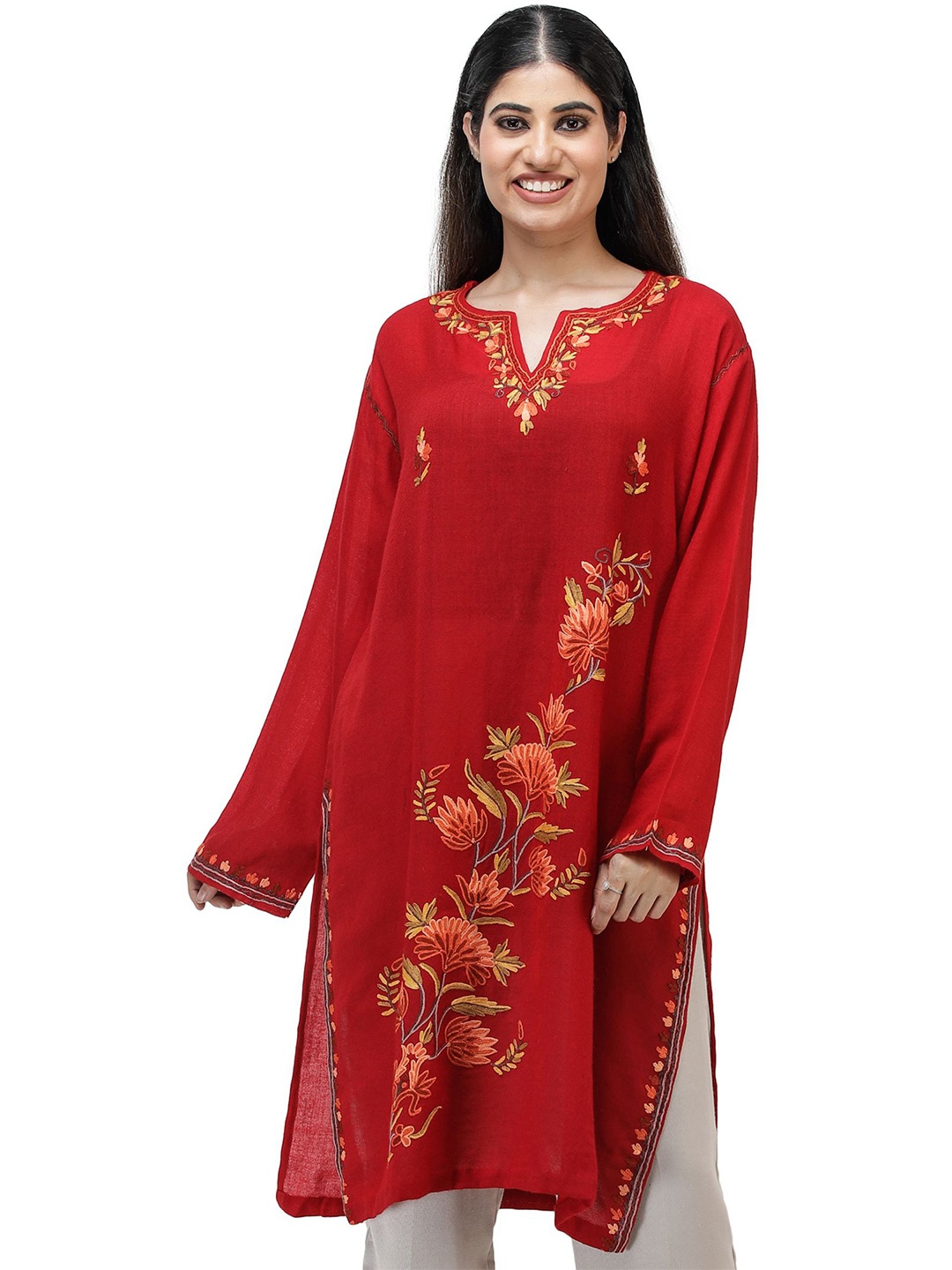 

Exotic India Floral Embroidered Woollen Kurta, Red