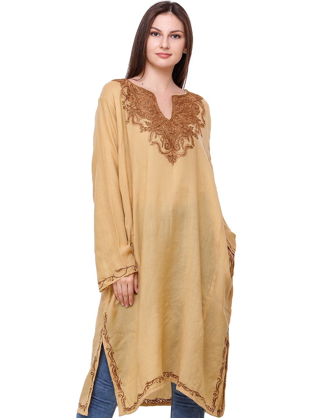 

Exotic India Antelope Pure Wool Kashmiri Phiran with Floral Hand-Embroidery on Neck, Beige