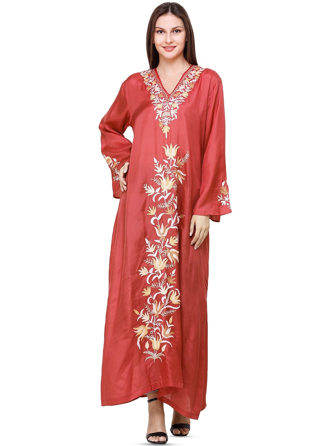 

Exotic India Floral Embroidered Flared Sleeves Woollen Kurta, Red
