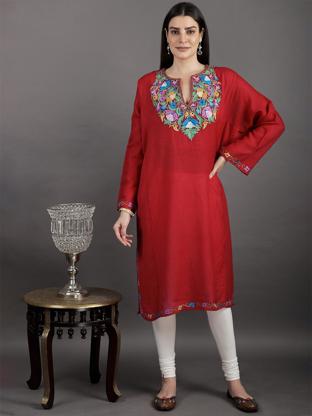 

Exotic India Wool Kashmiri Phiran with Aari Embroidery A-Line Kurta, Red
