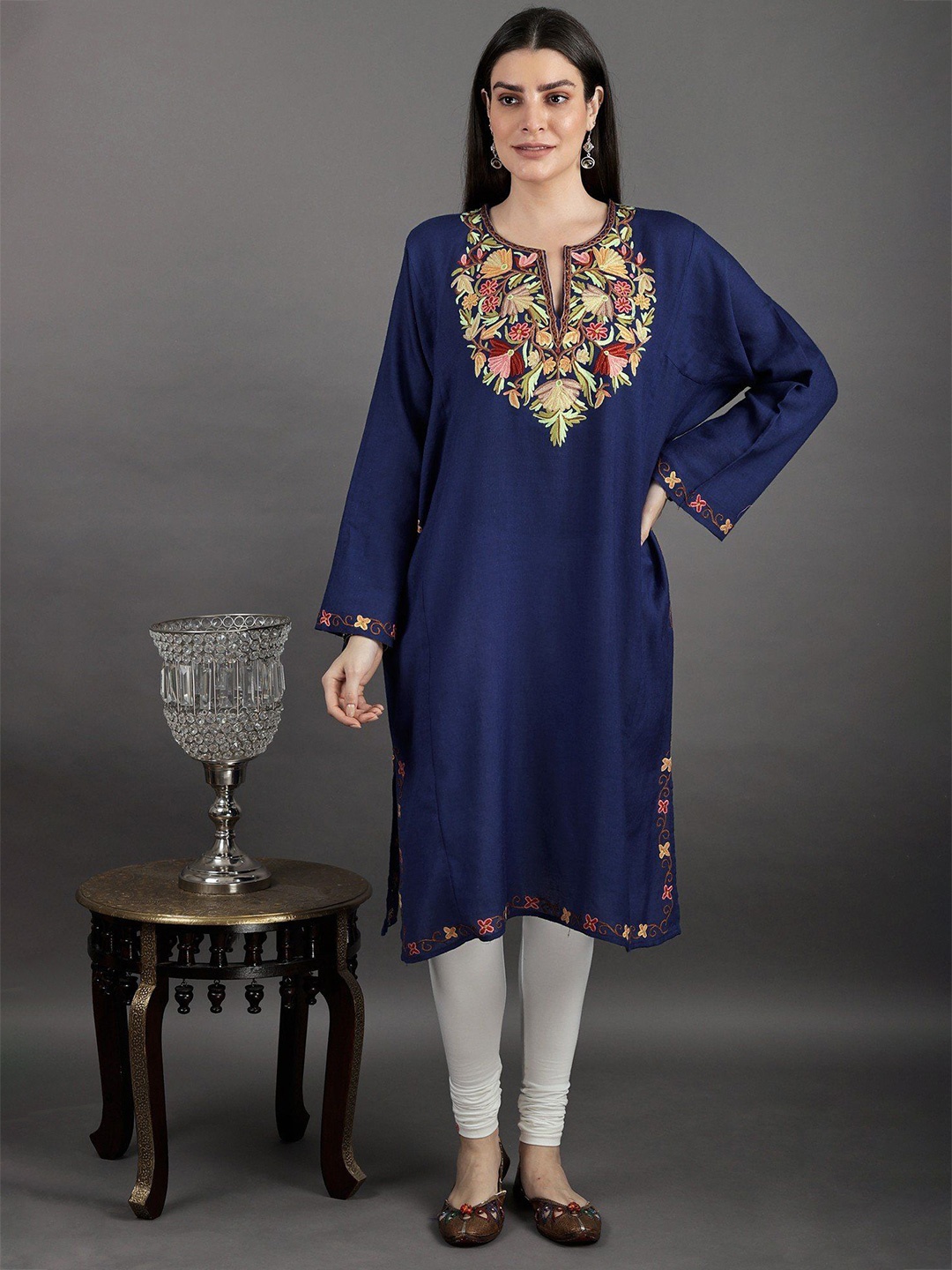 

Exotic India Sodalite Blue Wool Kashmiri Phiran with Aari Embroidery on Neck