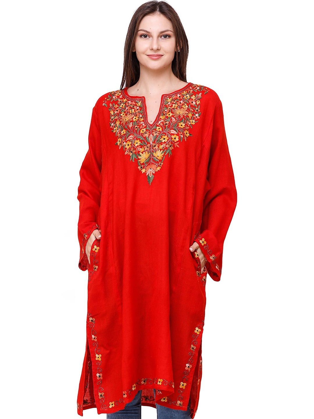 

Exotic India Hand Embroidered Straight Kashmiri Kurta, Red