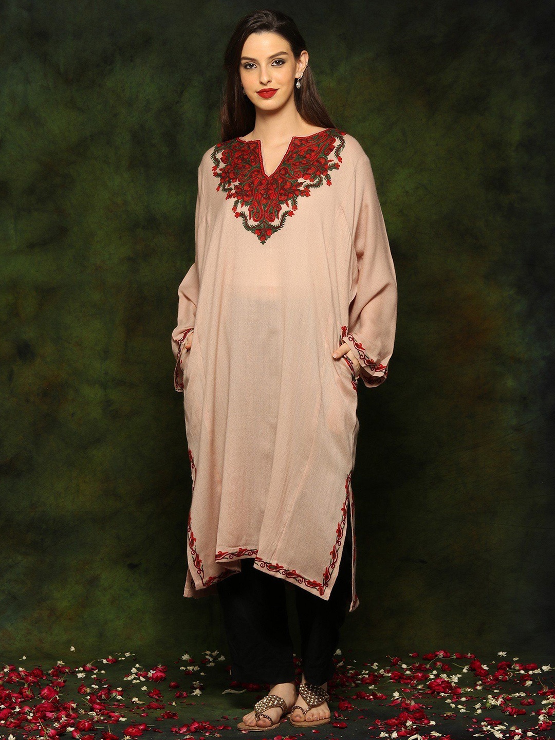 

Exotic India Embroidered Wool A-Line Kurta, Khaki
