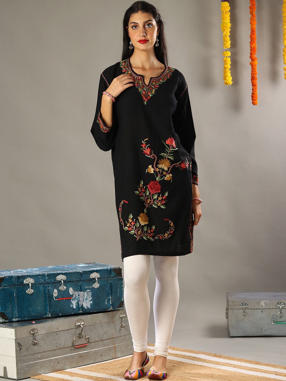 

Exotic India Charcoal Black Wool Kashmiri Phiran with Multicolored Aari Embroidery