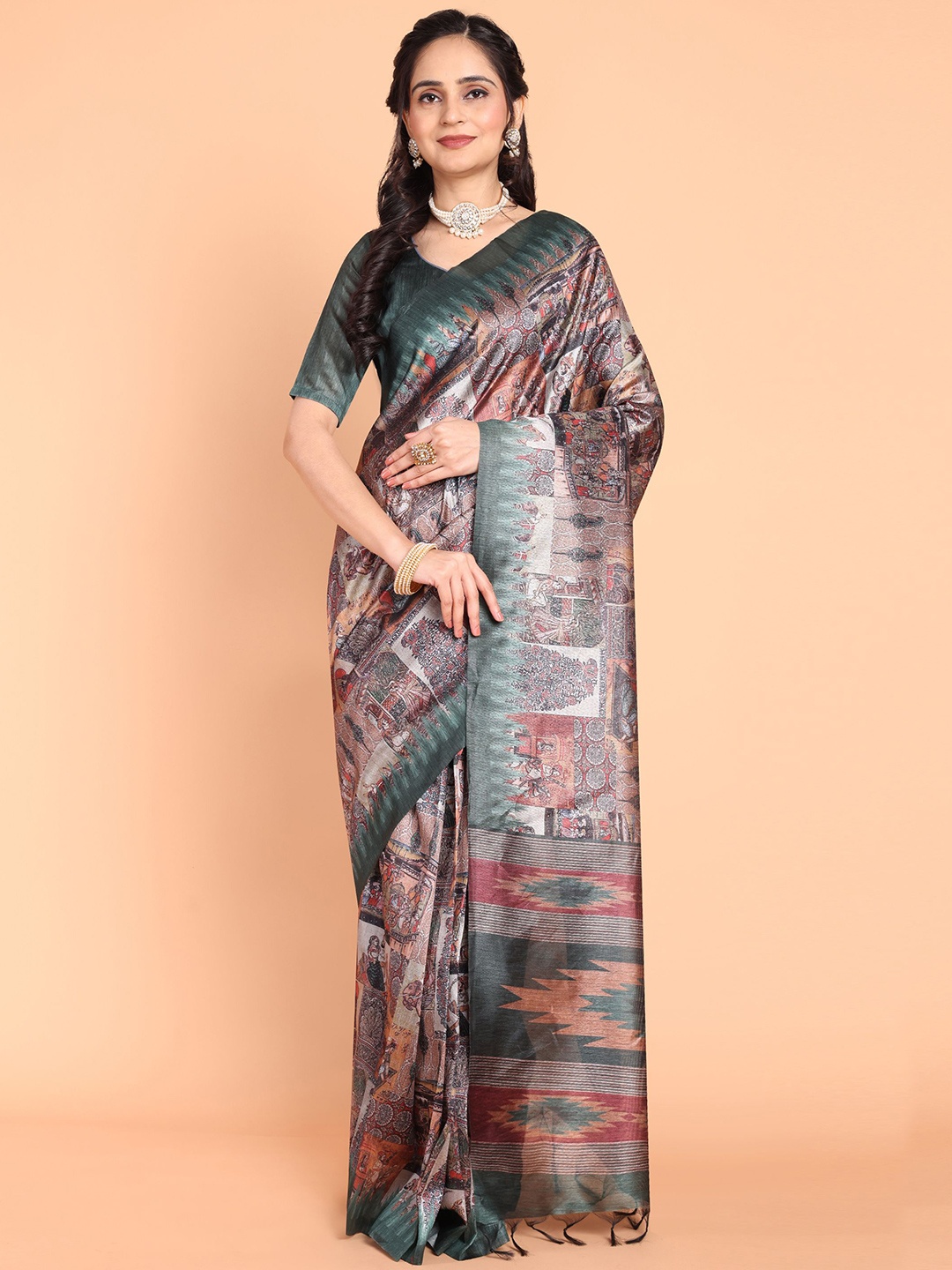 

MAGMINA Ethnic Motifs Printed Saree, Green