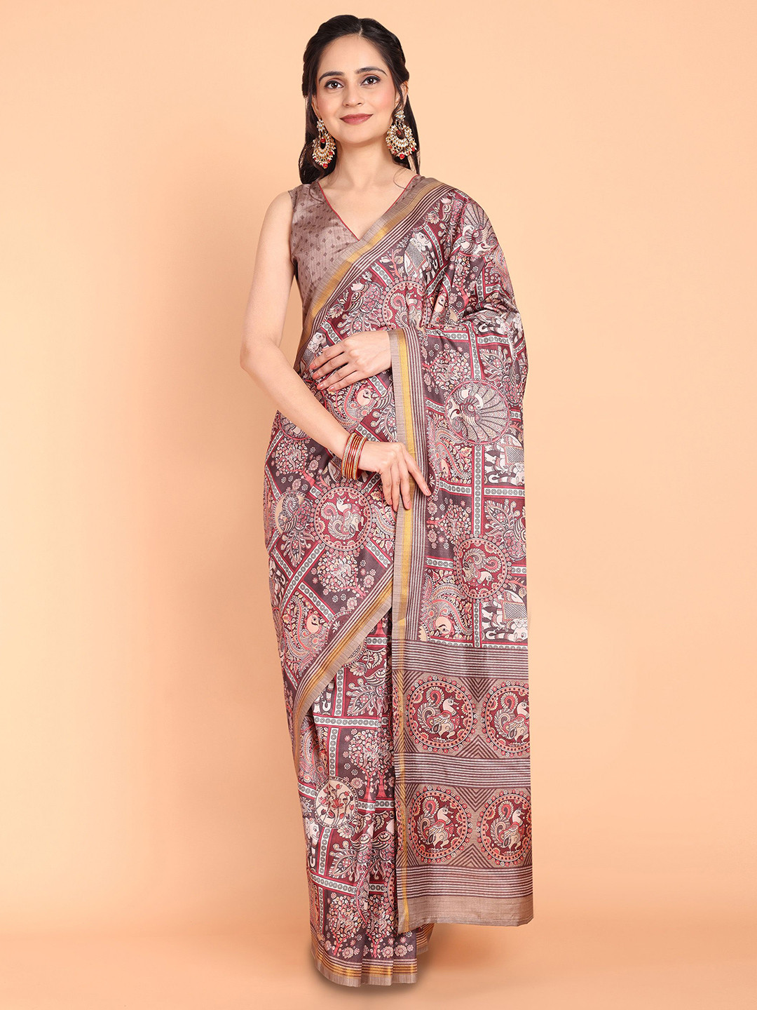 

MAGMINA Zari Ready to Wear Banarasi Saree, Brown