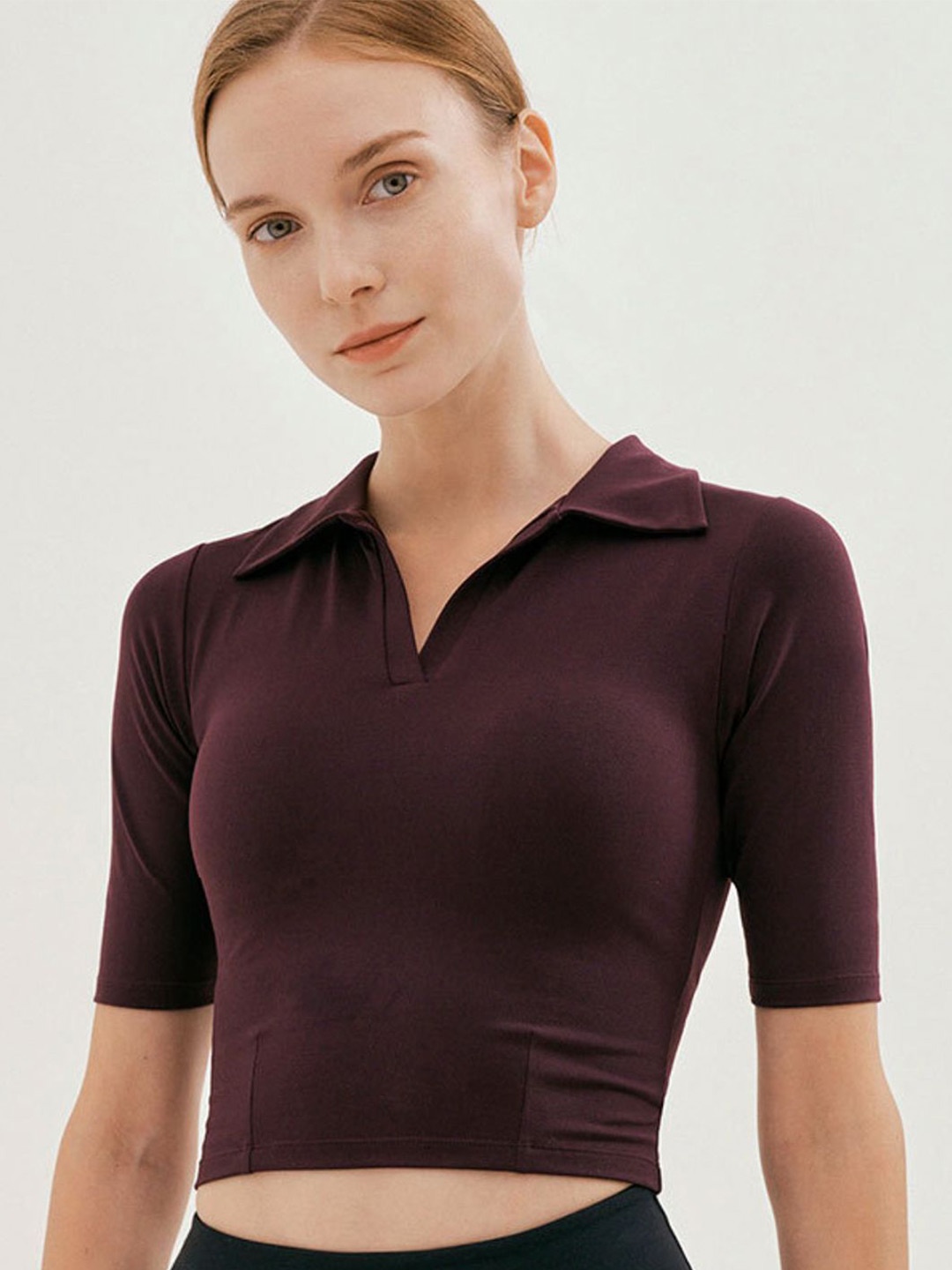 

LULU & SKY Solid Shirt Collar Fitted Crop Top, Purple