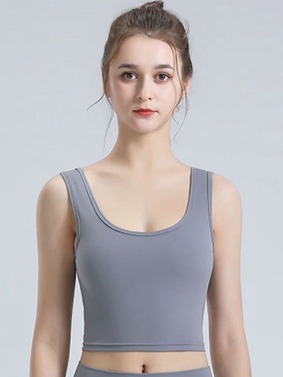 

LULU & SKY Scoop Neck Solid Sports Crop Top, Grey