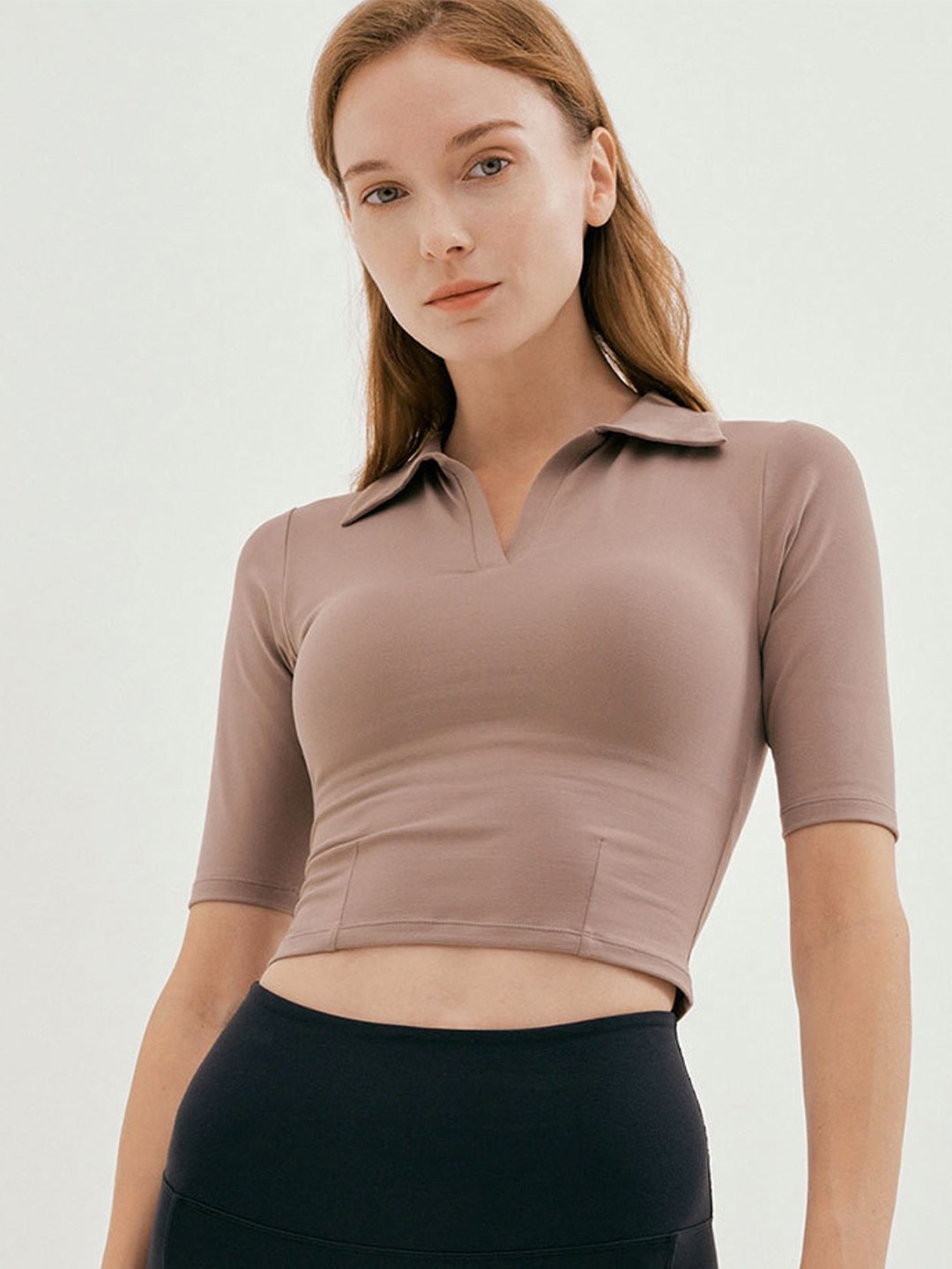 

LULU & SKY Shirt Collar Solid Sports Crop Top, Beige