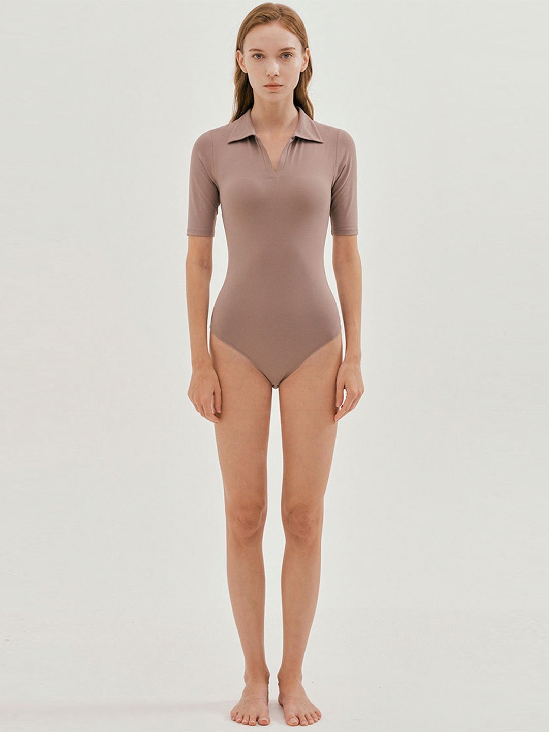 

LULU & SKY Shirt Collar Solid Seamless Bodysuit, Beige