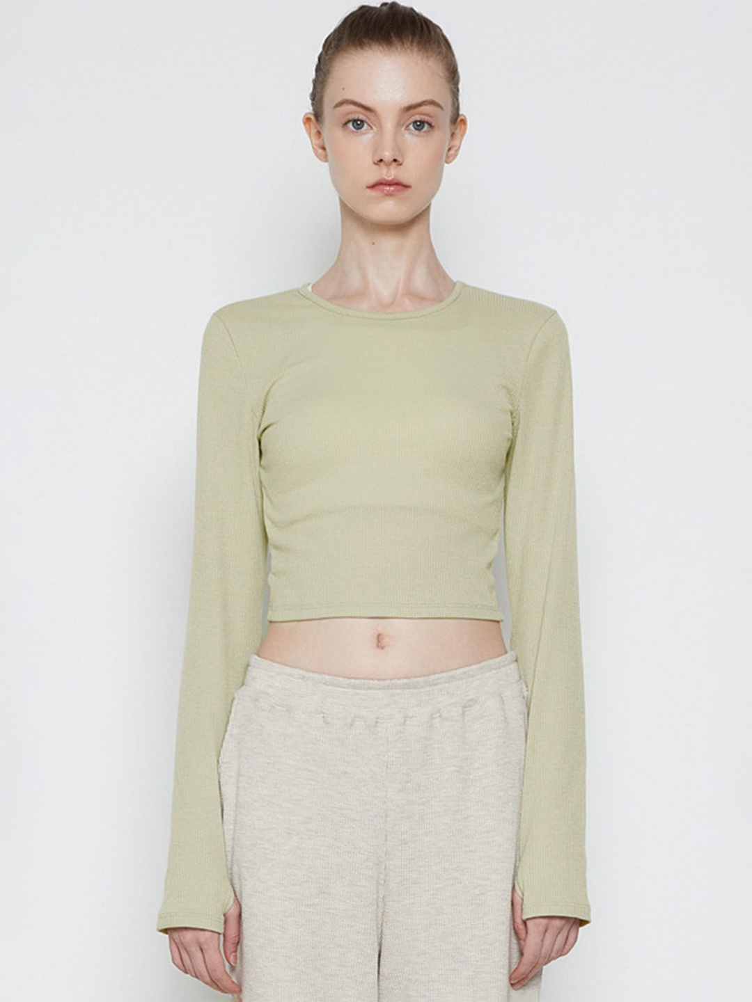 

LULU & SKY Round Neck Solid Crop Sports Top, Green