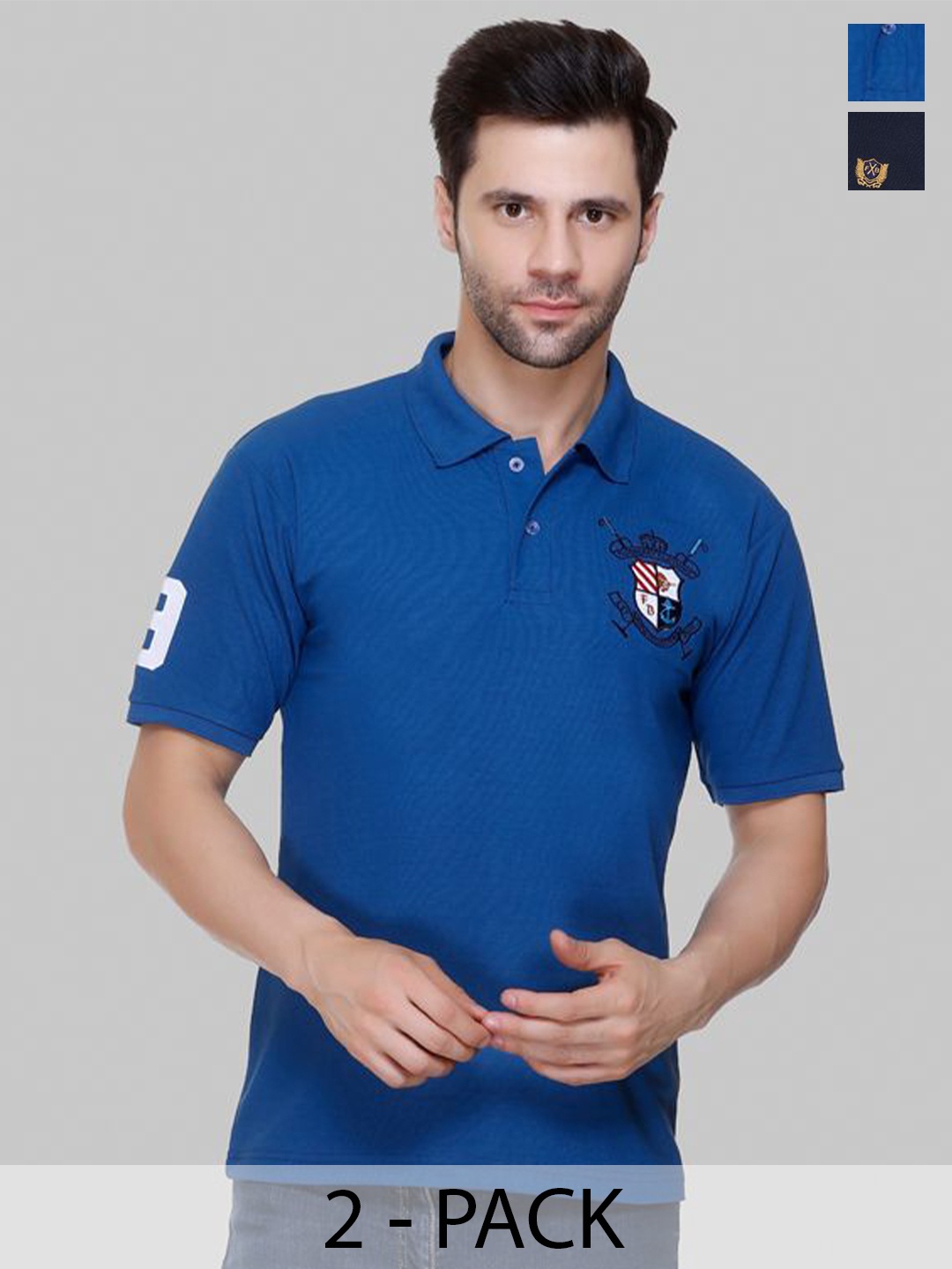 

FLOSBERRY Men 2 Polo Collar Applique T-shirt, Navy blue