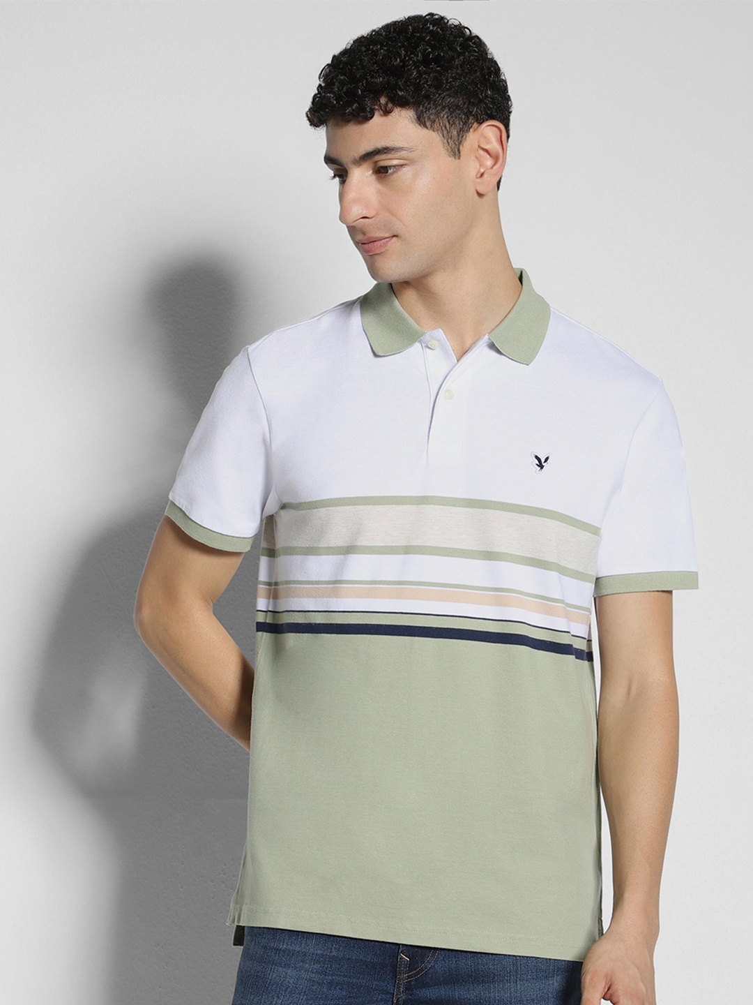 

AMERICAN EAGLE OUTFITTERS Men Striped Polo Collar Pockets T-shirt, Green