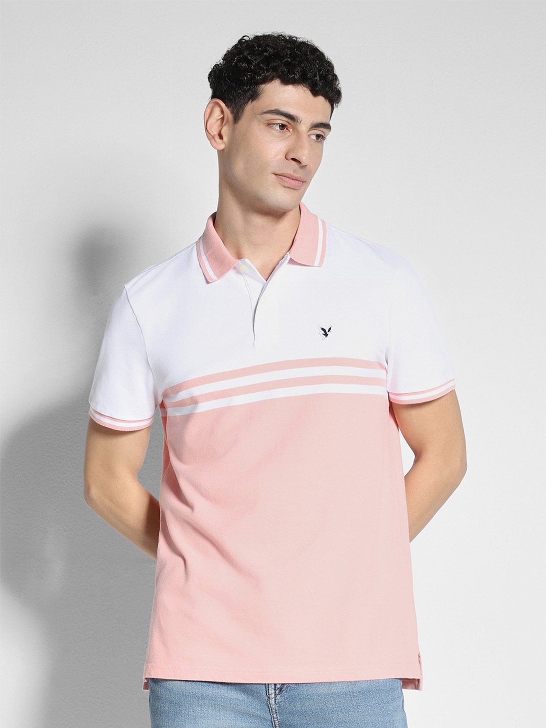 

AMERICAN EAGLE OUTFITTERS Men Striped Polo Collar Pockets T-shirt, Pink