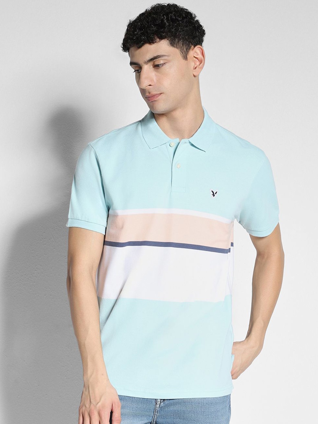 

AMERICAN EAGLE OUTFITTERS Men Striped Polo Collar Cotton T-shirt, Blue