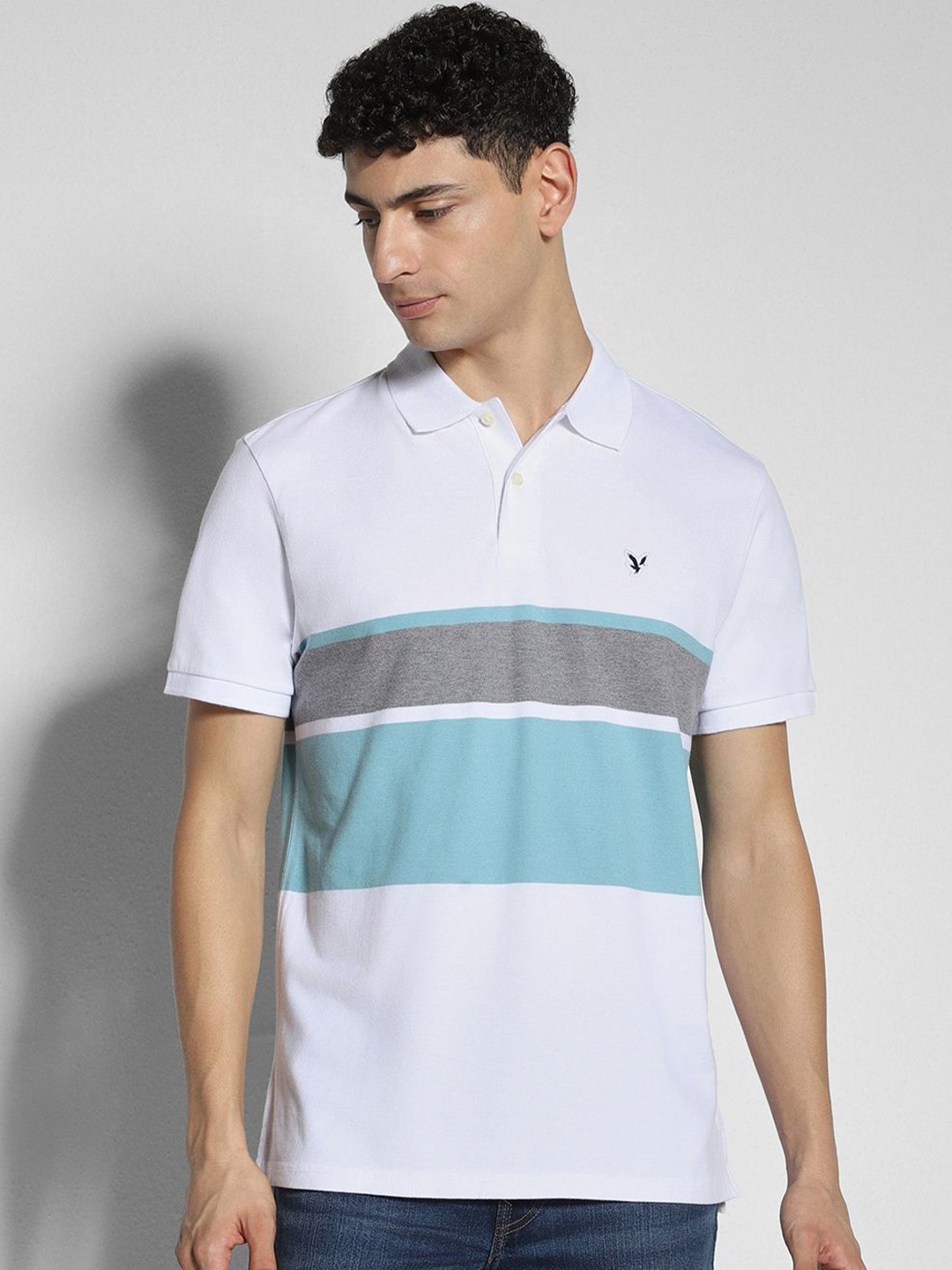 

AMERICAN EAGLE OUTFITTERS Men Striped Polo Collar Cotton T-shirt, White