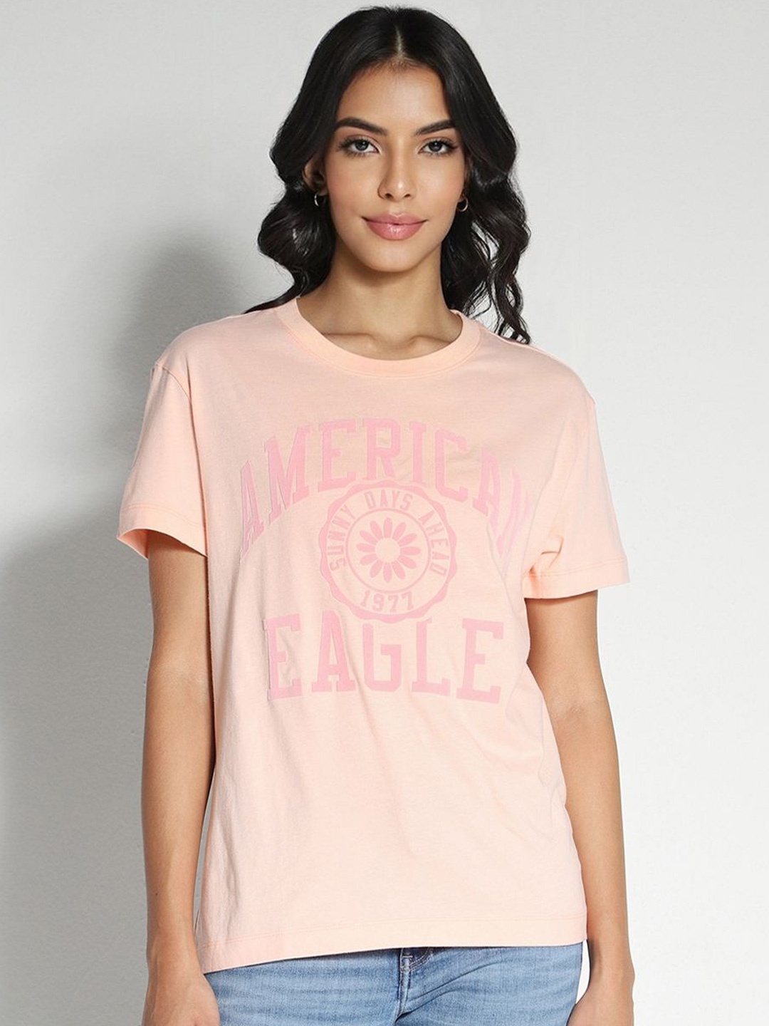 

AMERICAN EAGLE OUTFITTERS Women Round Neck Typography Printed Cotton T-shirt, Peach