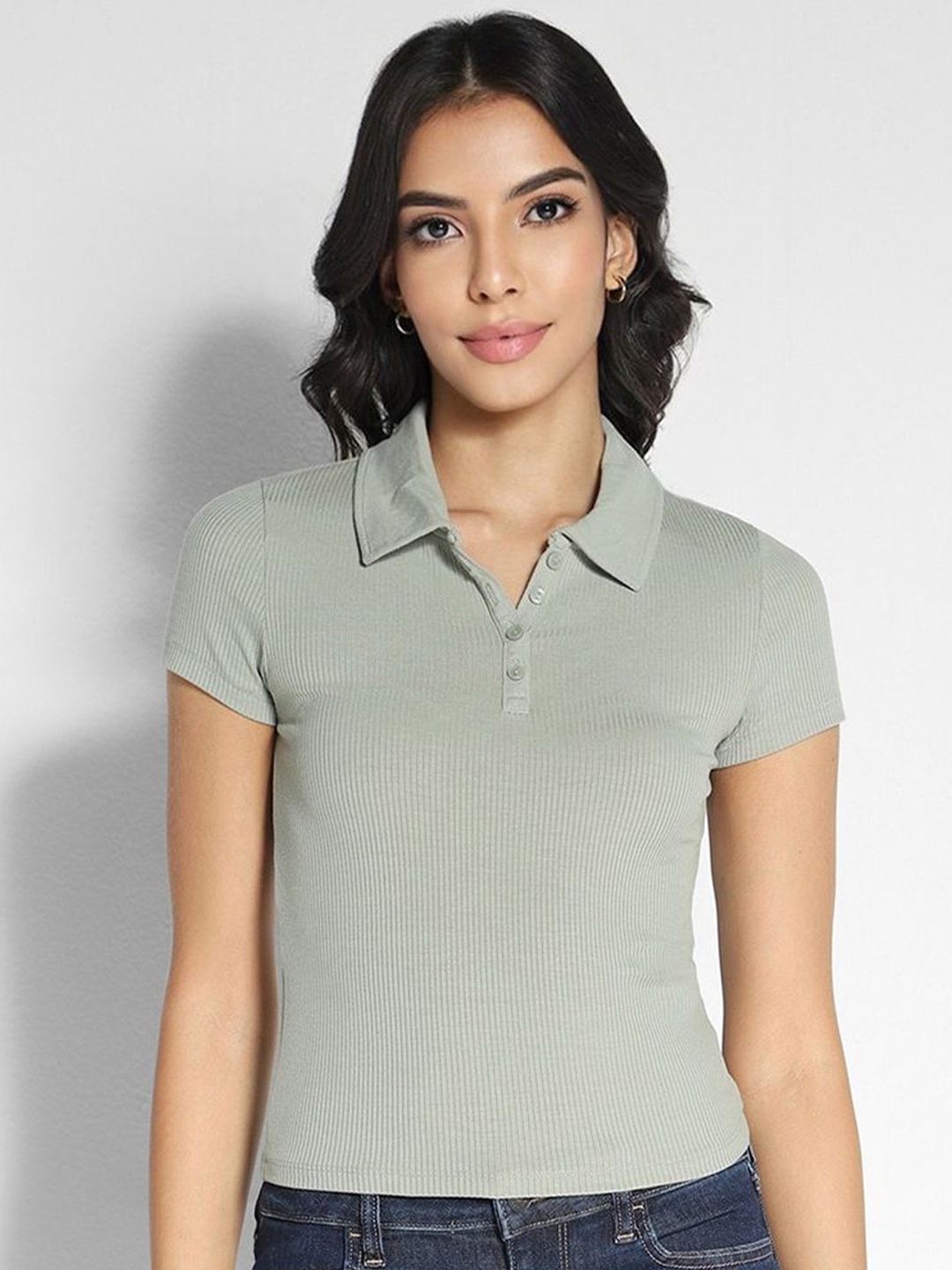 

AMERICAN EAGLE OUTFITTERS Women Polo Collar Slim Fit T-shirt, Green