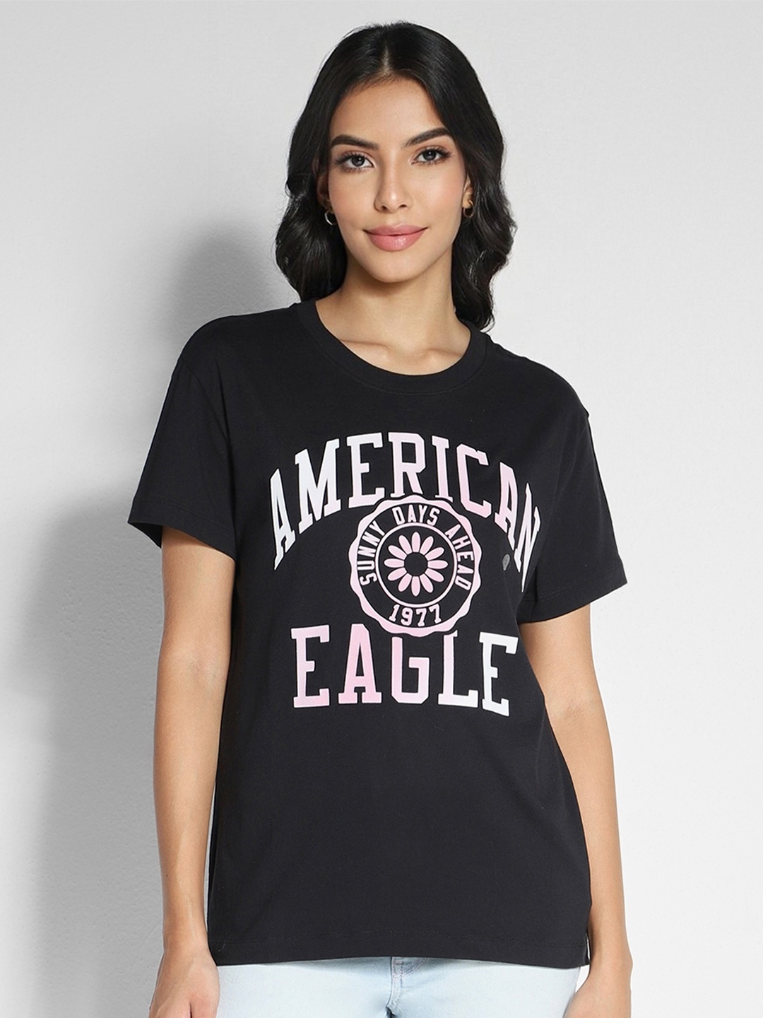 

AMERICAN EAGLE OUTFITTERS Women Typography Printed Pure Cotton T-shirt, Black