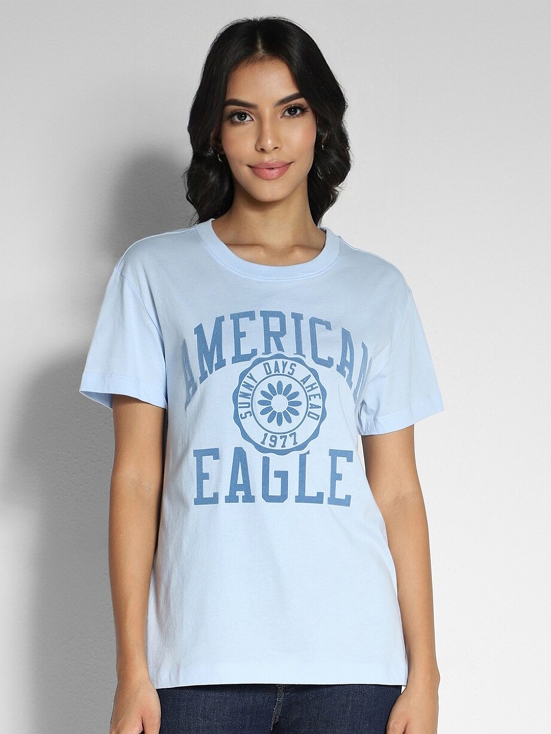 

AMERICAN EAGLE OUTFITTERS Women Round Neck Typography Printed Cotton T-shirt, Blue
