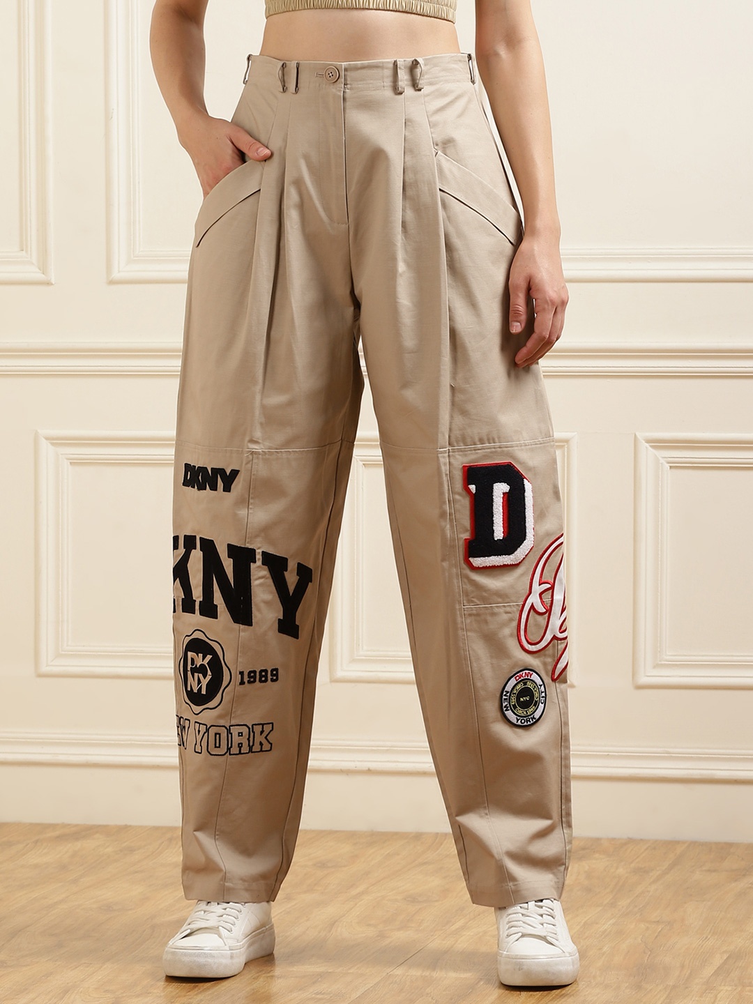 

DKNY Women Mid Rise Regular Fit Printed Joggers Trousers, Beige