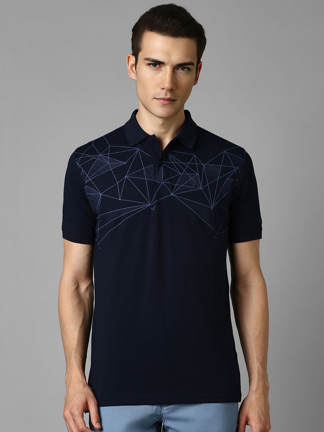 

Louis Philippe Men Geometric Printed Polo Collar T-shirt, Navy blue