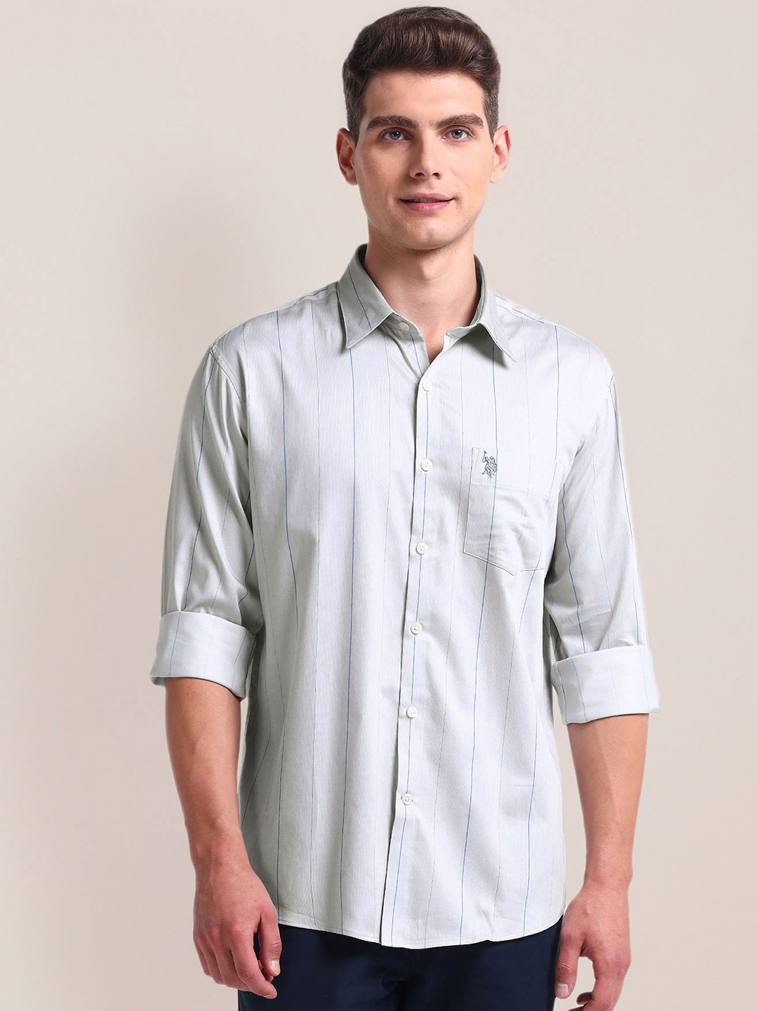 

U.S. Polo Assn. Men Opaque Striped Cotton Casual Shirt, Grey