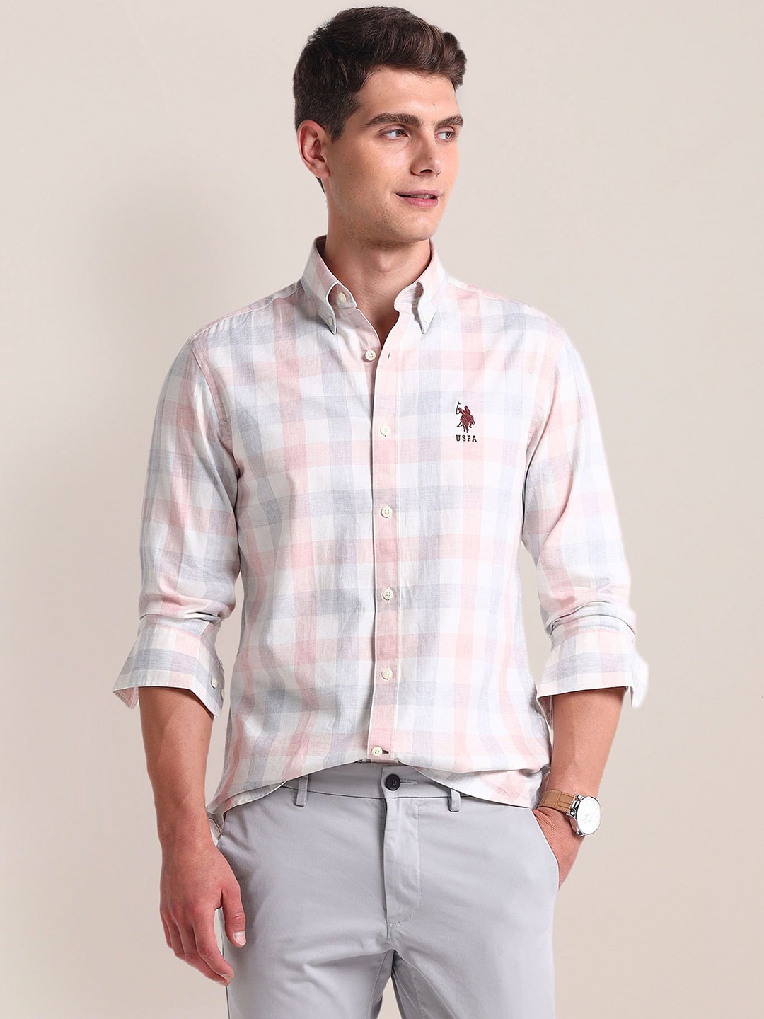 

U.S. Polo Assn. Men Opaque Checked Casual Shirt, Pink