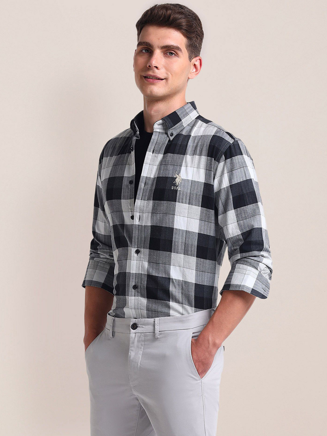 

U.S. Polo Assn. Men Buffalo Checks Opaque Checked Casual Shirt, Grey