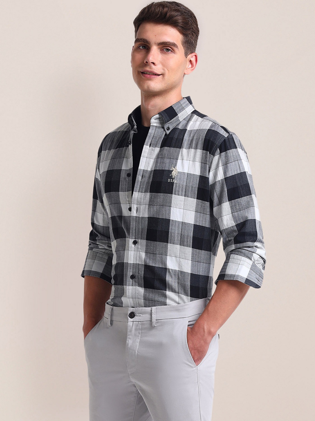 

U.S. Polo Assn. Men Buffalo Checks Opaque Checked Casual Shirt, Grey