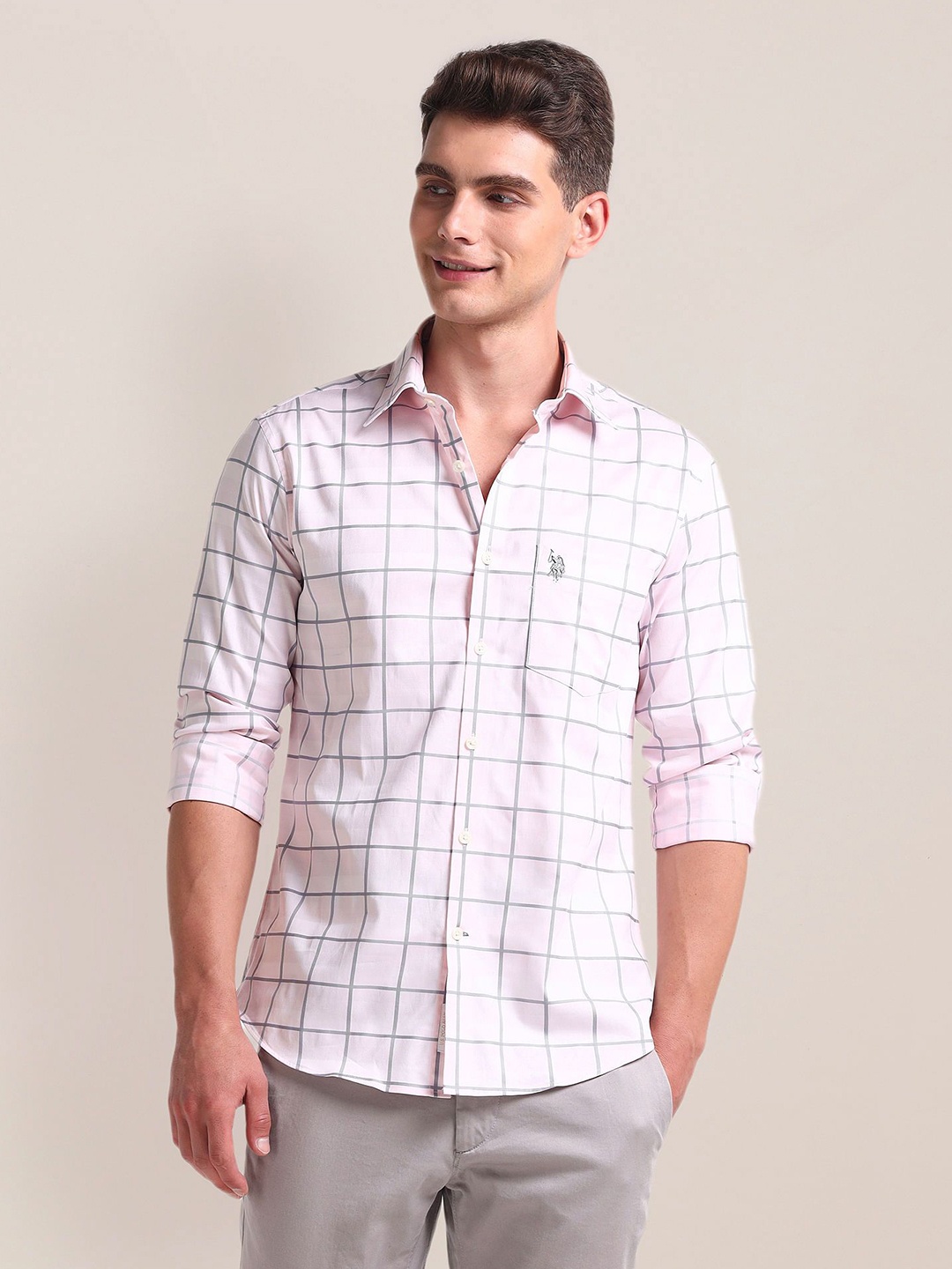 

U.S. Polo Assn. Men Windowpane Checks Opaque Checked Casual Shirt, Pink