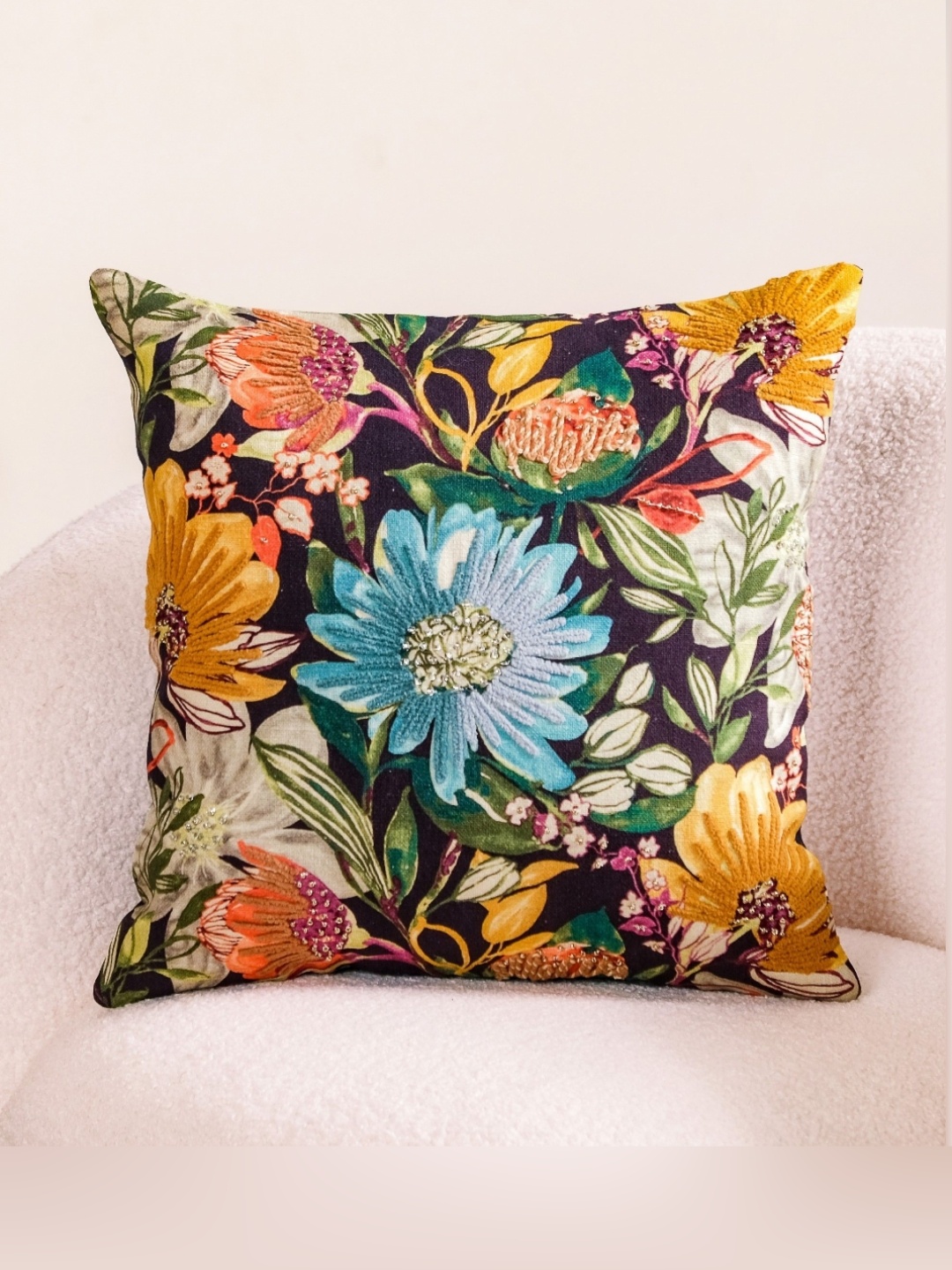 

Nestasia Black & Blue Floral Cotton Square Cushion Covers