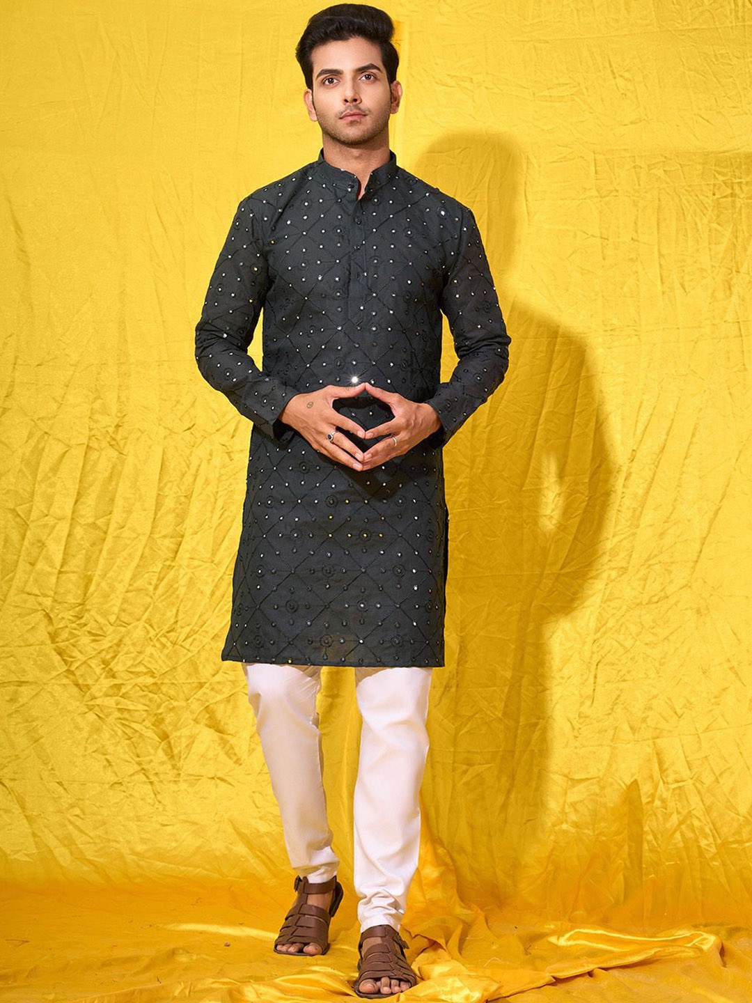 

Fashion FRICKS Men Thread Work Anarkali Kurta, Green