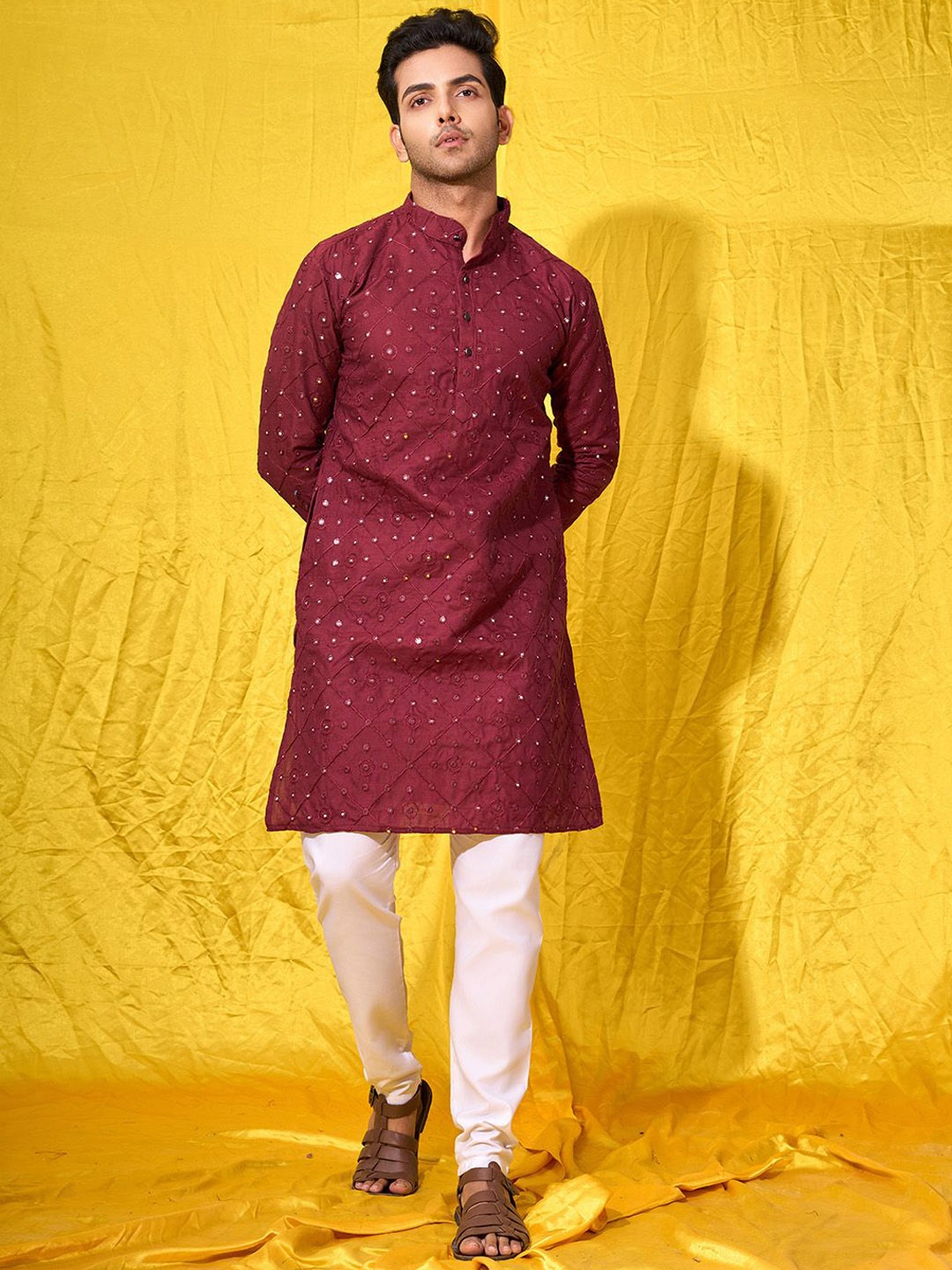

Fashion FRICKS Men Keyhole Neck Thread Work Anarkali Kurta, Maroon