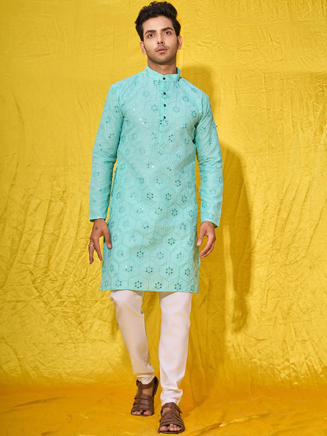 

Fashion FRICKS Men Ethnic Motifs Mirror Work Kurta, Sea green