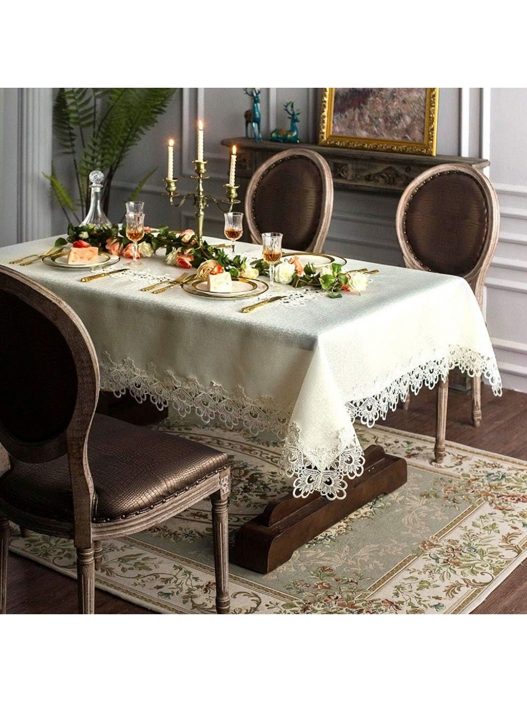 

MONKDECOR Cream-Coloured Floral Cotton 6-Seater Table Cover